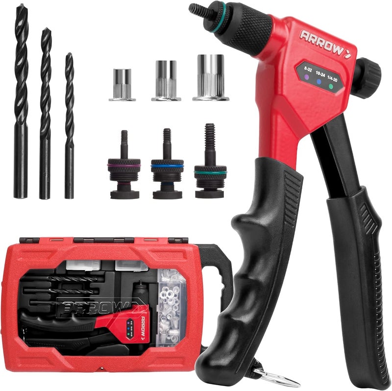 Arrow Fastener Arrow Rivet Nut Tool, 8" Rivet Nut Gun Kit Designed for Tight Space, Rivet Nut Setter with 3 Pcs Mandrels (8-32, 10-24, 1/4-20), 75 Pcs Rivnuts and 3 Pcs Drills, Sturdy Case Packed - Image 1